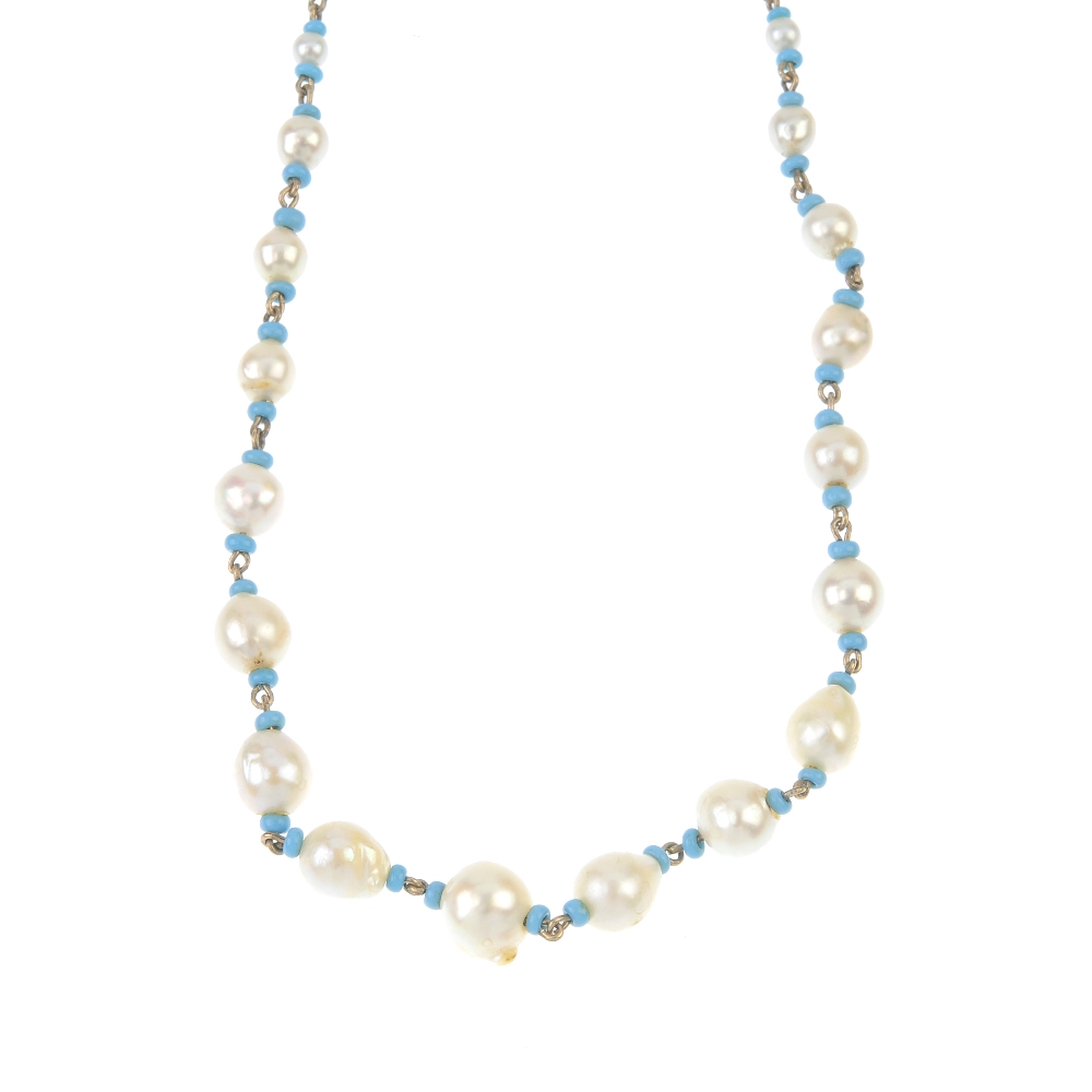 A cultured pearl and paste bead necklace. Designed as a series of graduated cultured pearls, with