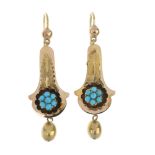 A pair of late 19th century gold turquoise ear pendants. Each designed as a turquoise cabochon