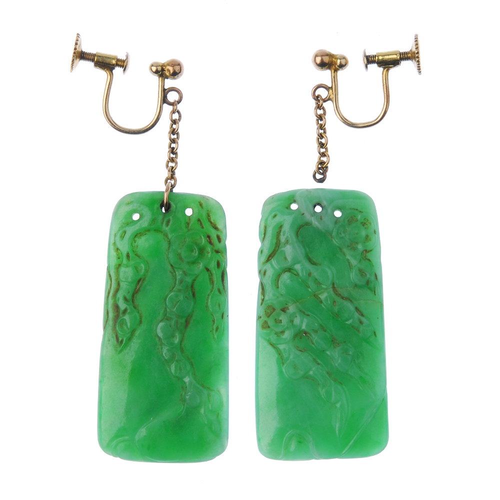 A pair of early 20th century jade ear pendants. Each designed as a rectangular-shape jadeite - Image 2 of 3