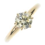 A 14ct gold diamond single-stone ring. The brilliant-cut diamond, to the tapered band. Estimated