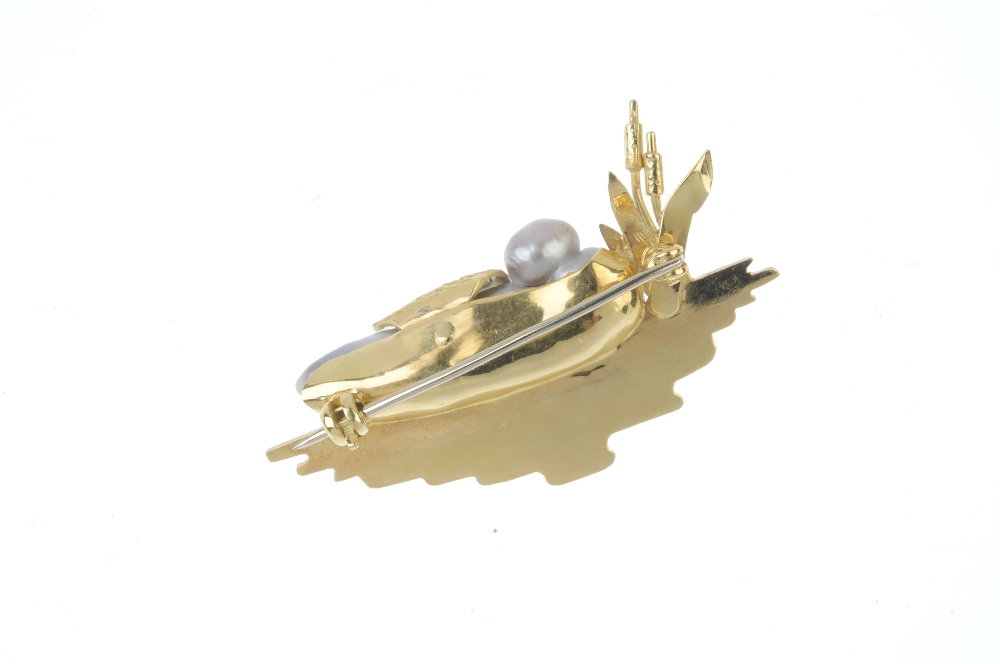 A cultured pearl novelty brooch. The baroque cultured pearl, decorated with textured wing, beak - Image 2 of 2