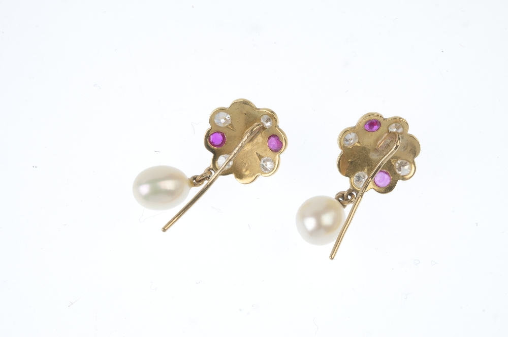 A pair of cultured pearl, diamond and ruby ear pendants. Each designed as a cultured pearl drop, - Image 2 of 2