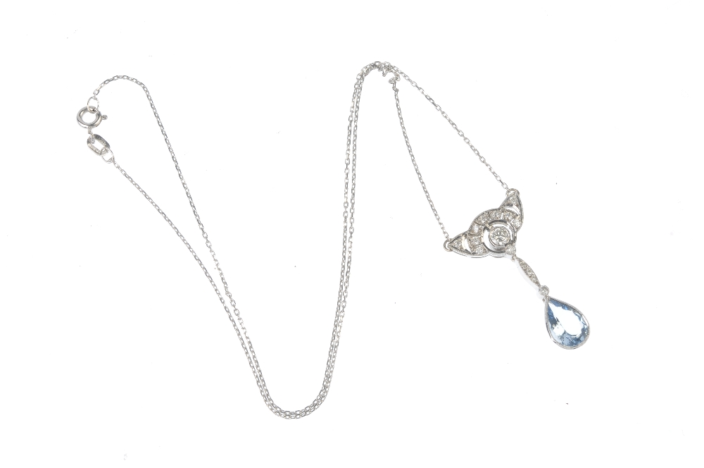 An aquamarine and diamond pendant. The pear-shape aquamarine collet, suspended from a brilliant- - Image 3 of 3