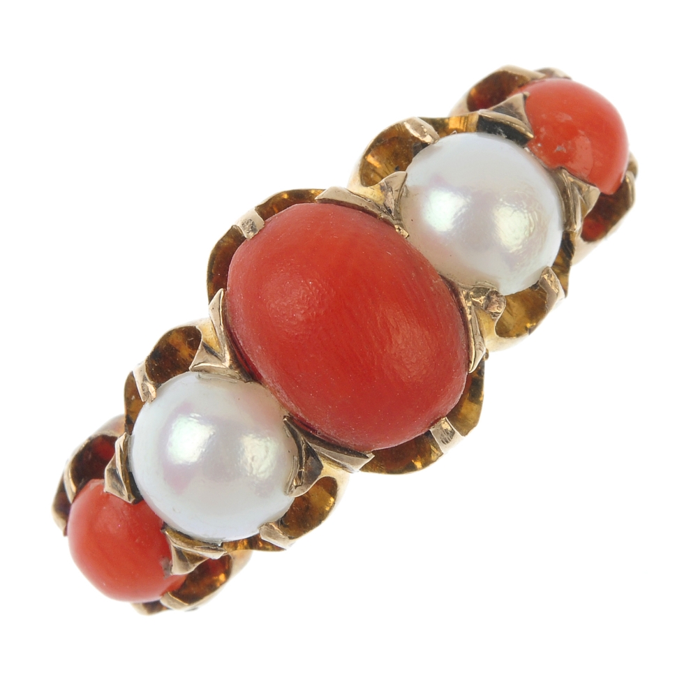 A coral and split pearl ring. The alternating graduated oval and circular coral cabochon and split