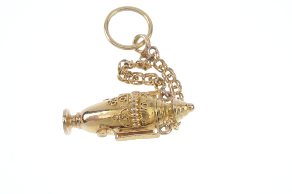 A late Victorian gold Etruscan revival pendant. The cannetille urn, with removable screw thread top, - Image 3 of 3