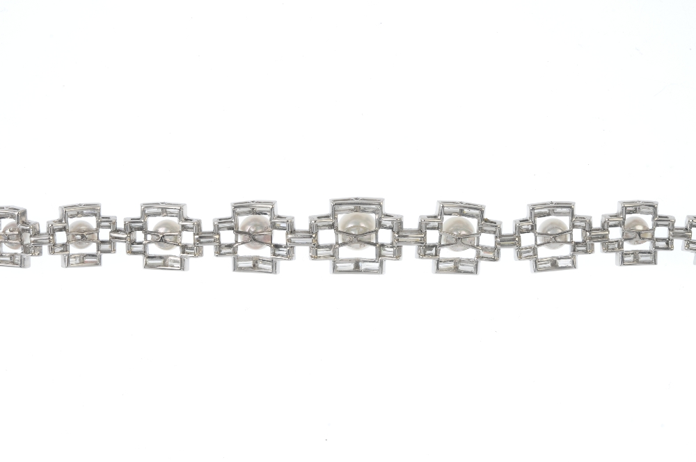 A cultured pearl and diamond bracelet. Of geometric design, the graduated cultured pearls, measuring - Image 2 of 4