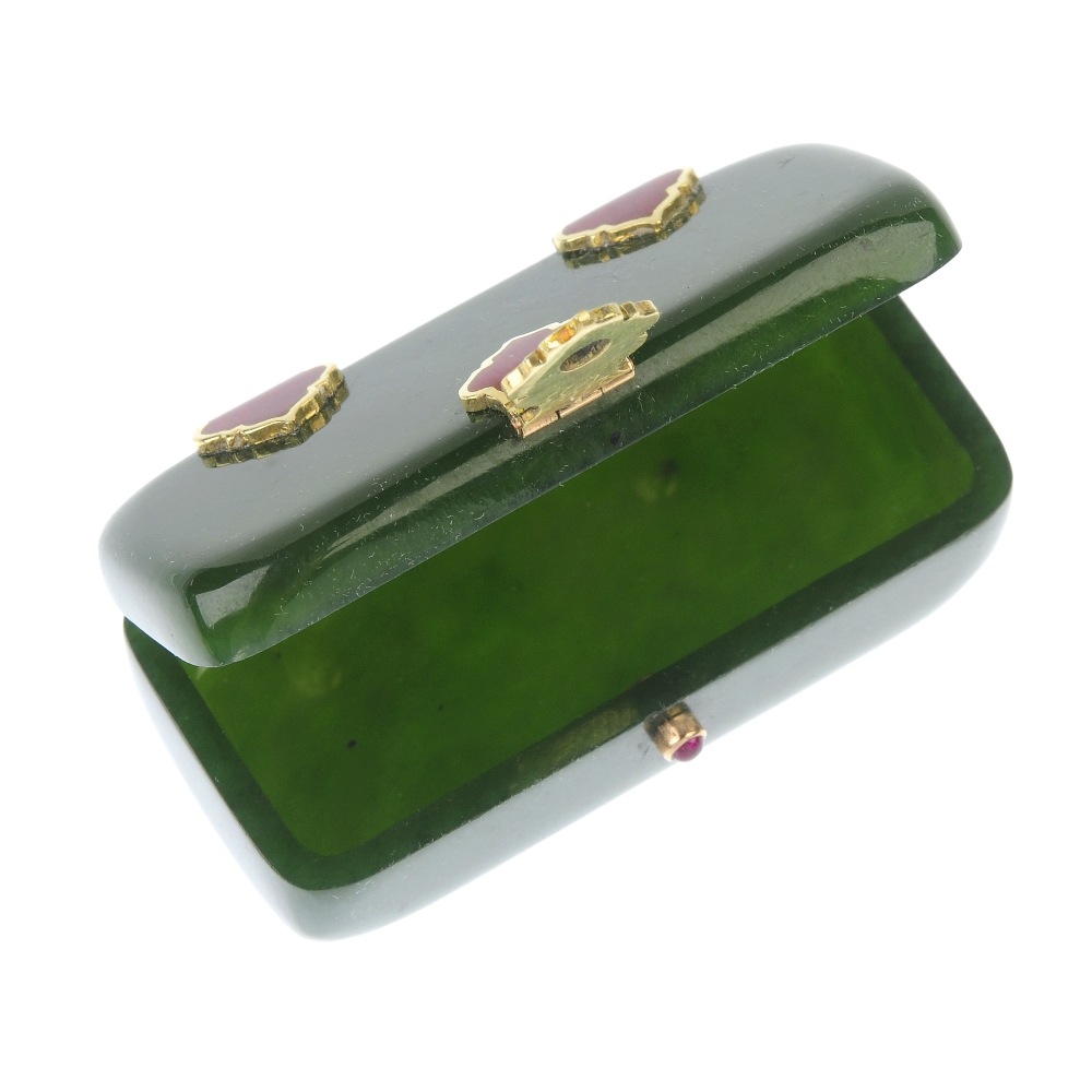 An early 20th century nephrite jade enamel and ruby box, circa 1905. Of rectangular-outline, the - Image 3 of 5