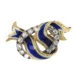 An enamel and diamond knot brooch. The blue and white enamel ribbon, woven through an old-cut