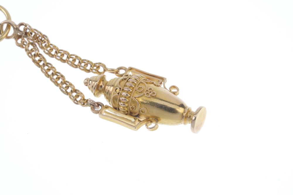 A late Victorian gold Etruscan revival pendant. The cannetille urn, with removable screw thread top, - Image 2 of 3