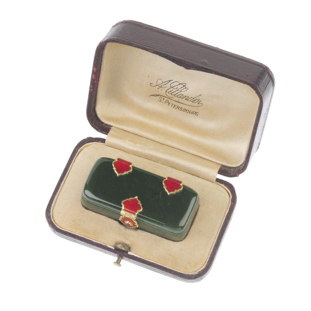 An early 20th century nephrite jade enamel and ruby box, circa 1905. Of rectangular-outline, the - Image 4 of 5