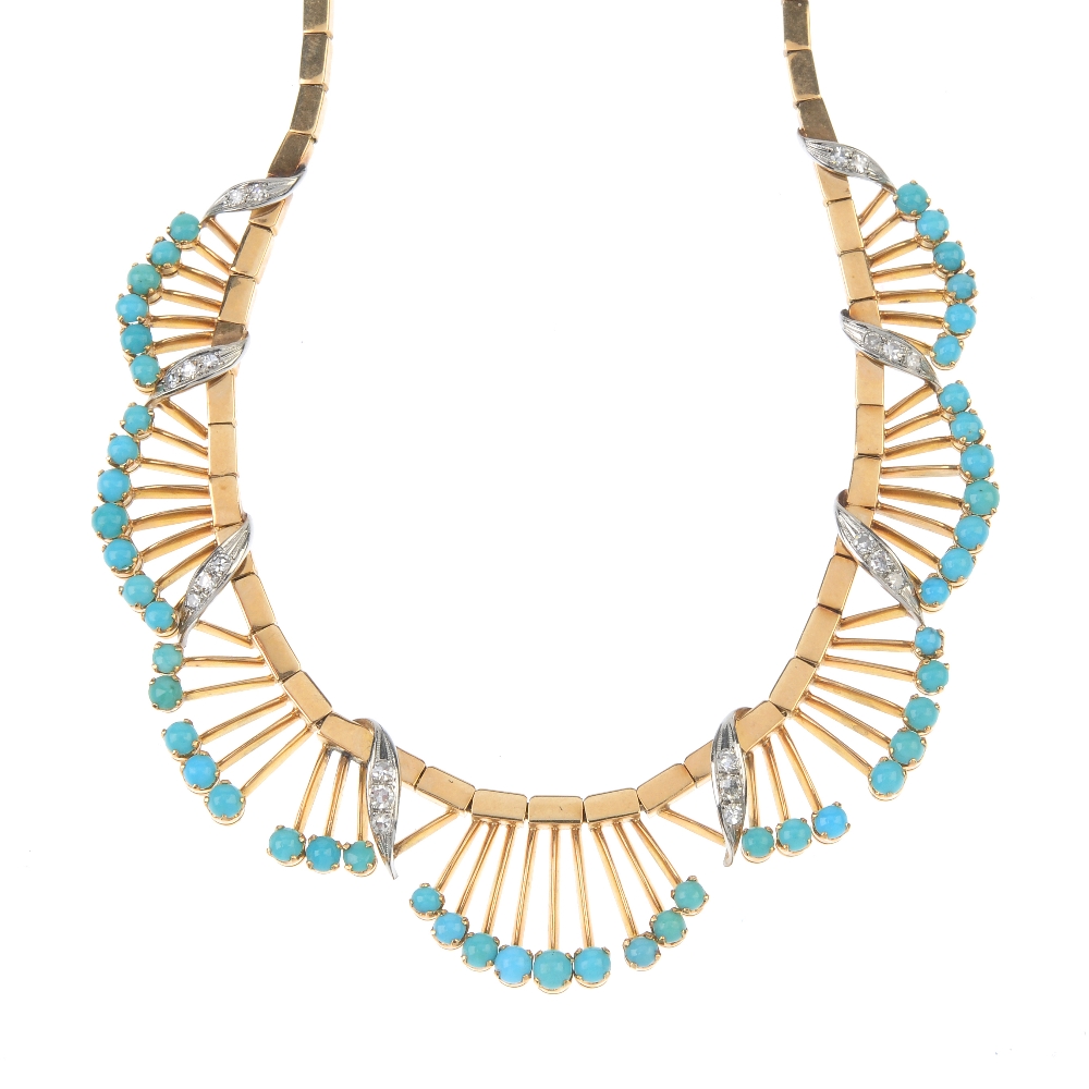 A set of turquoise and diamond jewellery. The necklace designed as a circular turquoise cabochon