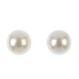 A pair of cultured pearl ear studs. Cultured pearls measuring 11 and 10.9mms. Weight 4.8gms. Overall