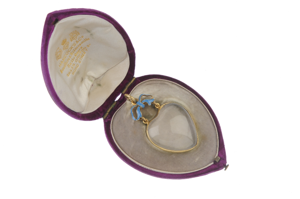 A late 19th century gold rock crystal enamel and quartz heart pendant. The heart-shape rock - Image 3 of 3
