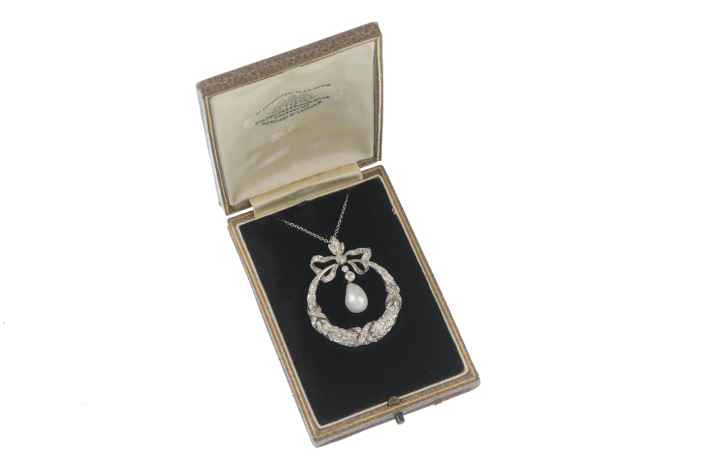 An early 20th platinum century diamond and cultured pearl pendant. The old-cut diamond and - Image 3 of 3
