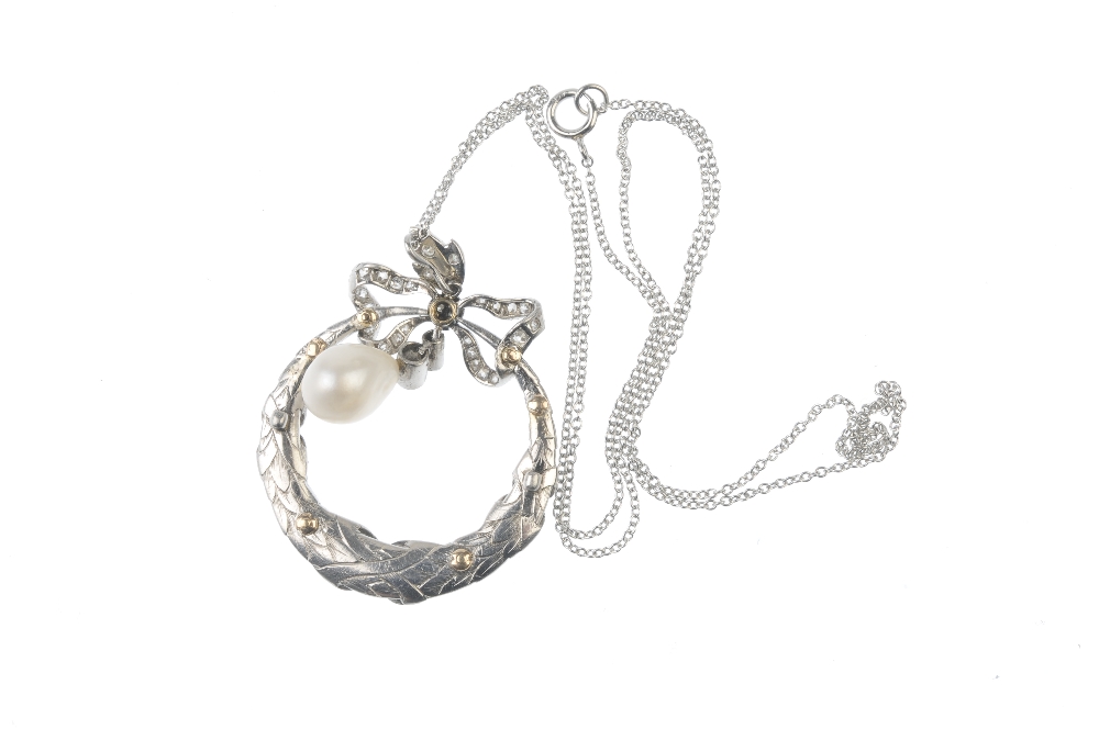 An early 20th platinum century diamond and cultured pearl pendant. The old-cut diamond and - Image 2 of 3