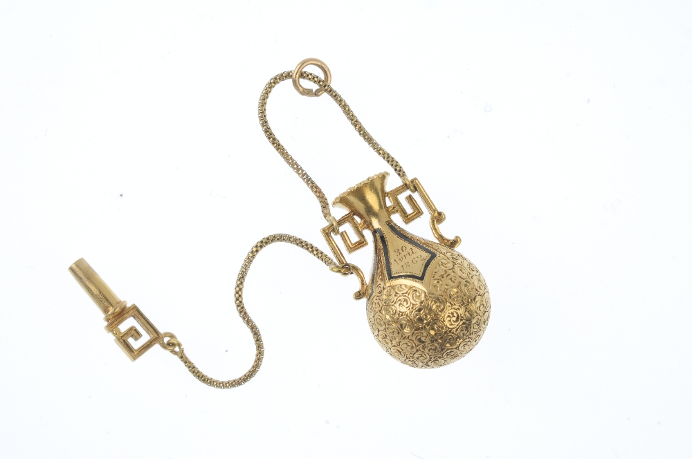 A mid Victorian 18ct gold enamel amphora pendant, circa 1860. The engraved scrolling body, with - Image 2 of 2