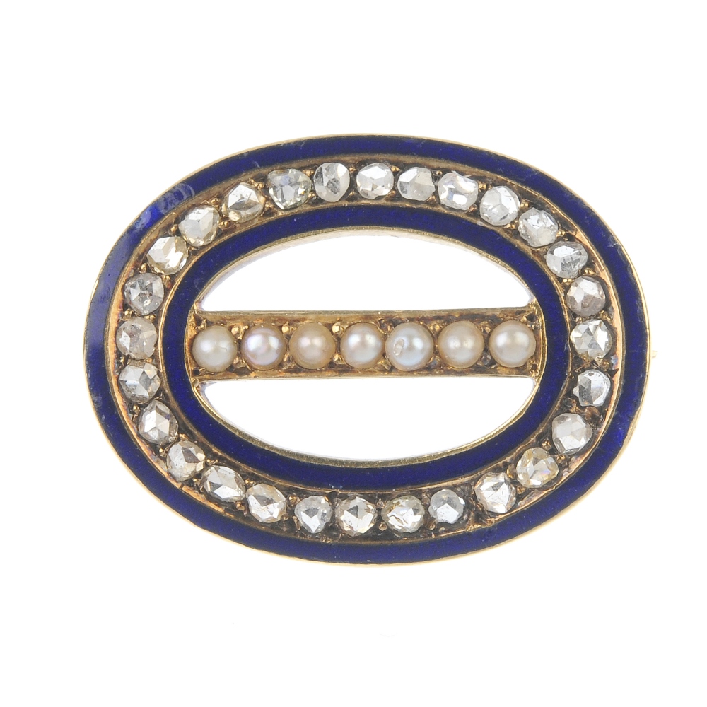 A late 19th century gold, split pearl, diamond and enamel buckle brooch. Designed as a split pearl
