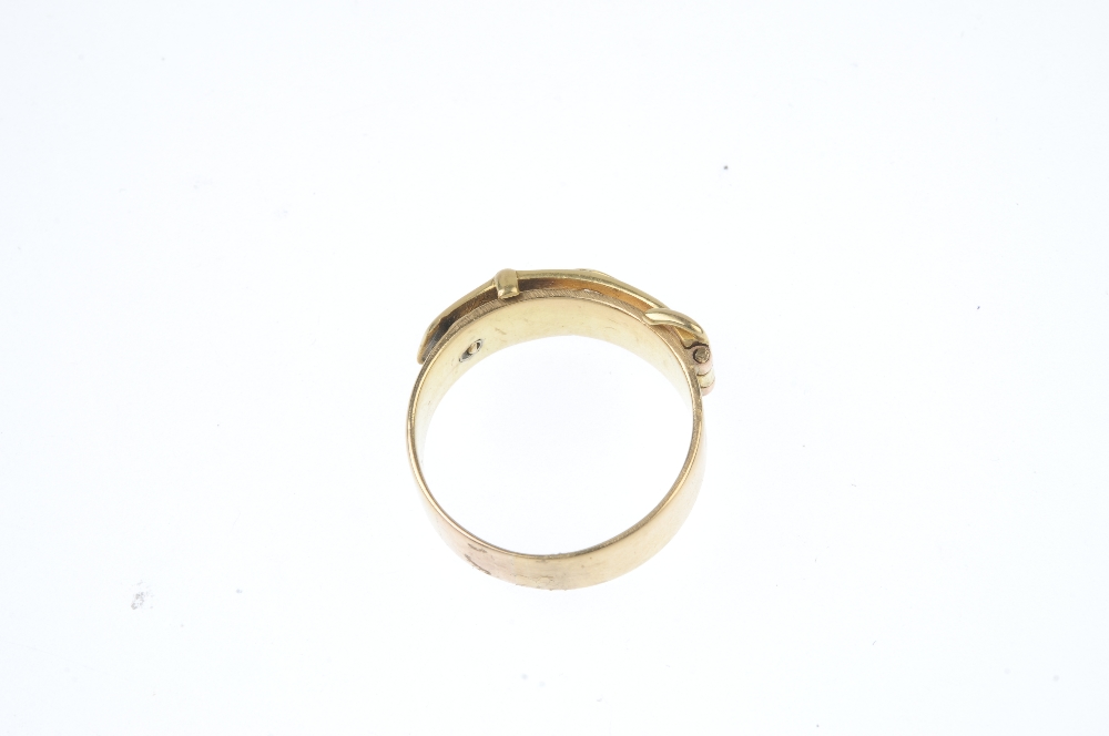 A late Victorian 18ct gold diamond buckle ring. Designed as a buckle, with old-cut diamond - Image 3 of 3