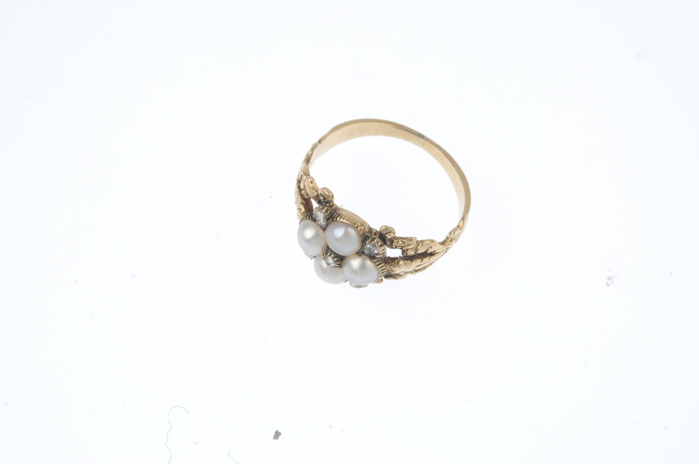 A late 19th century 18ct gold split pearl and diamond memorial ring. The split pearl quatrefoil, - Image 2 of 3