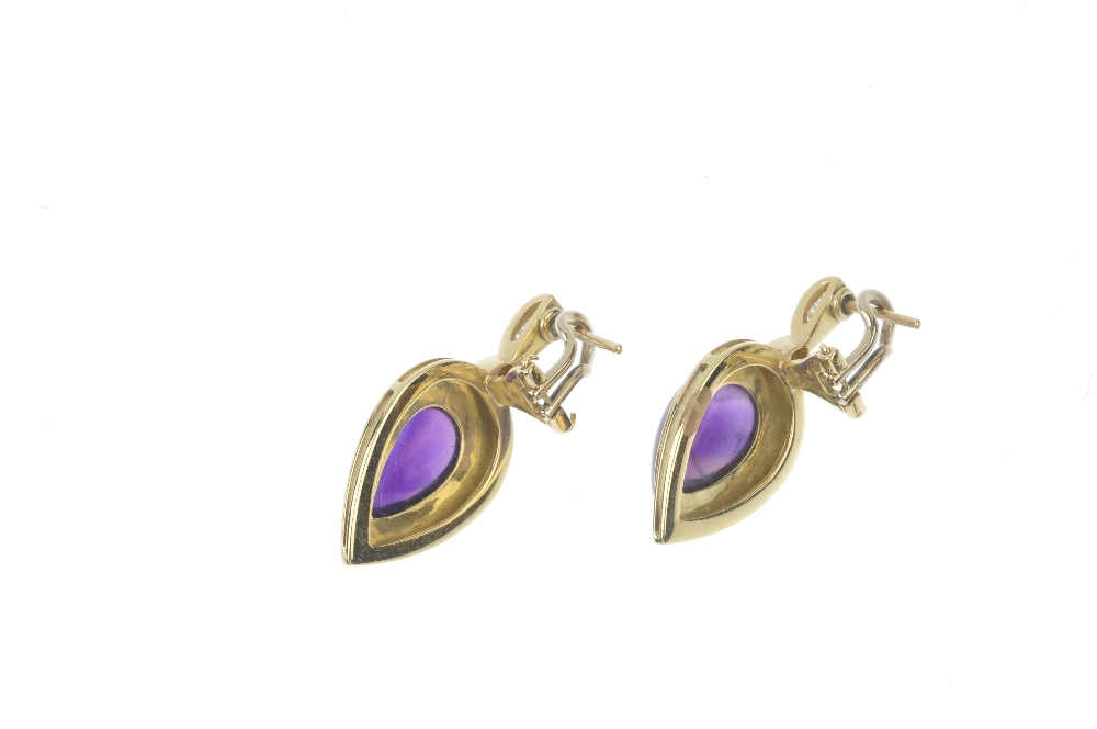 A set of amethyst and diamond jewellery. The pendant designed as a pear-shape amethyst cabochon, - Image 2 of 3