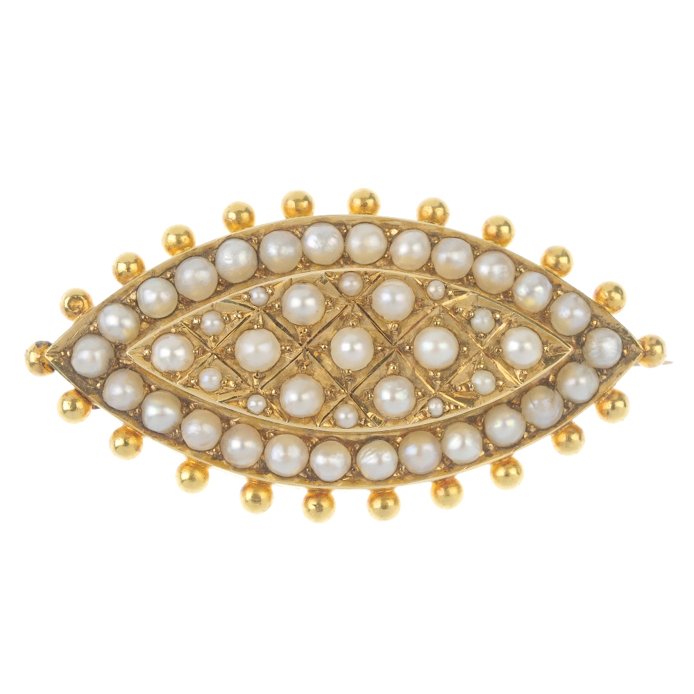 An early 20th century split pearl brooch. Of marquise-shape outline, the split pearl panel, with