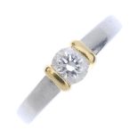 A platinum diamond single-stone ring. Of bi-colour design, the brilliant-cut diamond, with bar