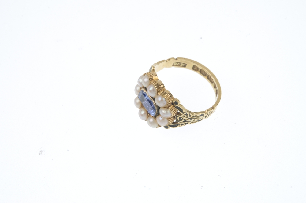 A George IV 18ct gold sapphire, split pearl and enamel ring. The foil-back sapphire and split - Image 2 of 3