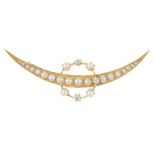 An early 20th century 18ct gold diamond and split pearl crescent brooch. Designed as a graduated