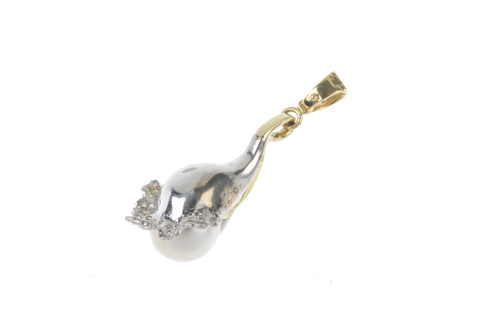A 1970s cultured pearl and diamond lily pendant. The cultured pearl, measuring 13.4mms, within a - Image 2 of 2
