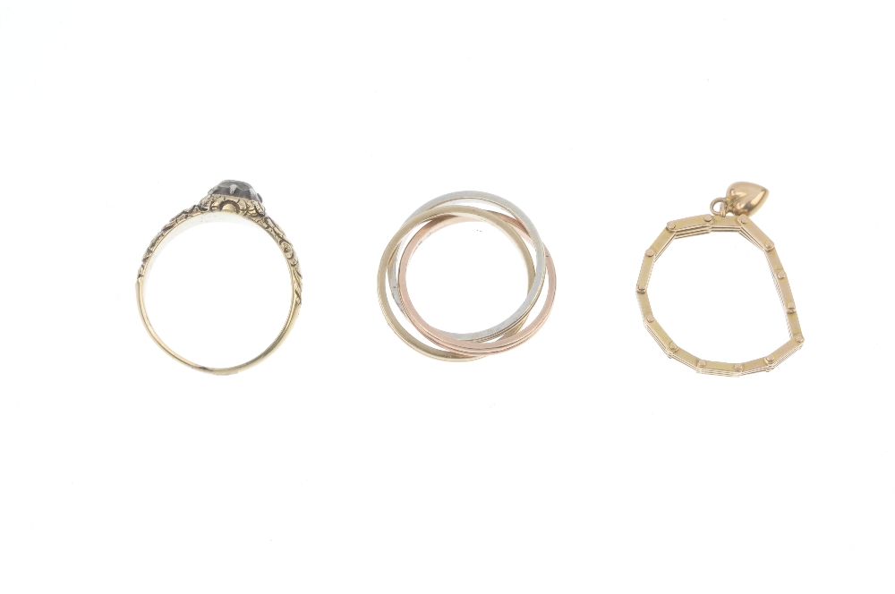 A selection of three dress rings. To include a mid 20th century miniature gate-link ring - Image 3 of 3