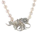 A cultured pearl and diamond necklace. The old and single-cut diamond floral spray, to the
