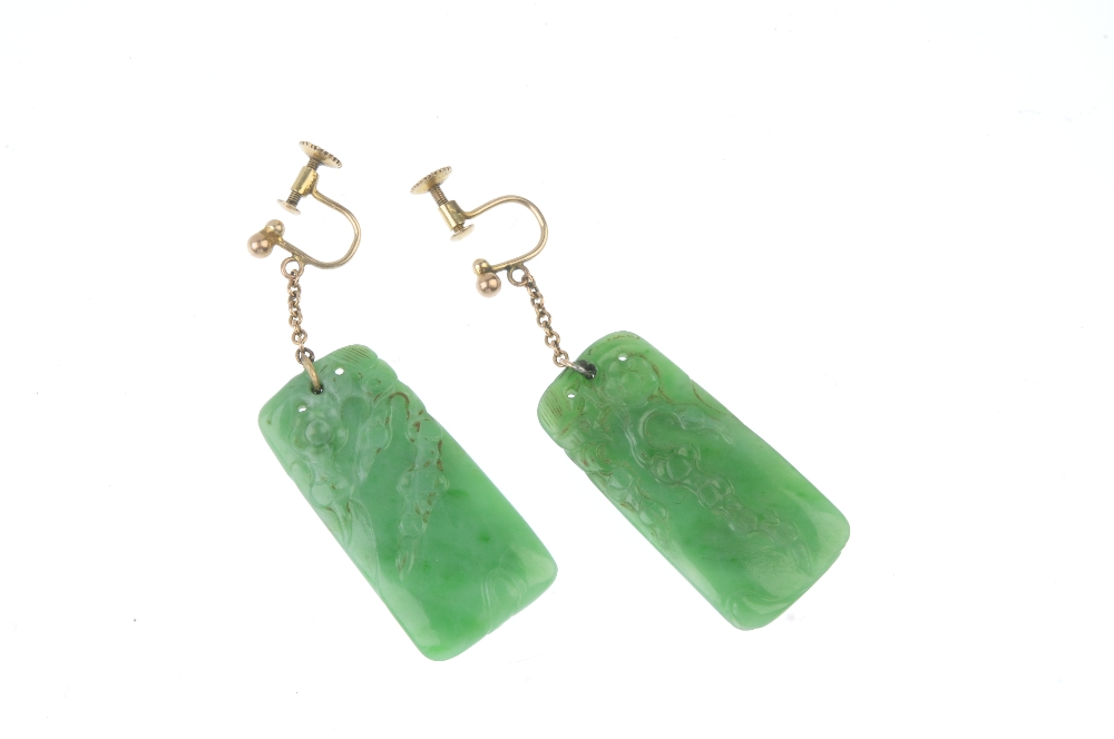 A pair of early 20th century jade ear pendants. Each designed as a rectangular-shape jadeite - Image 3 of 3