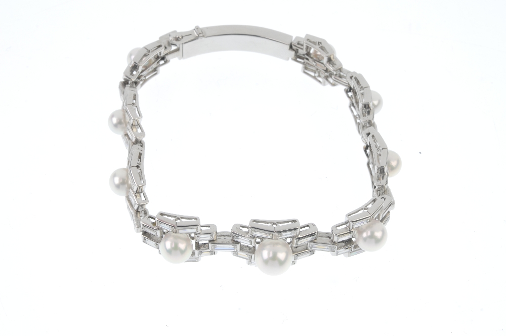 A cultured pearl and diamond bracelet. Of geometric design, the graduated cultured pearls, measuring - Image 4 of 4