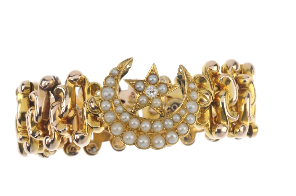 An early 20th century gold split pearl and diamond bracelet. Designed as a split pearl and old-cut - Image 3 of 3