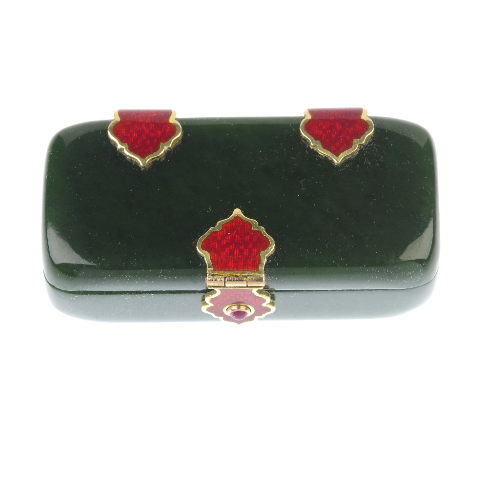 An early 20th century nephrite jade enamel and ruby box, circa 1905. Of rectangular-outline, the