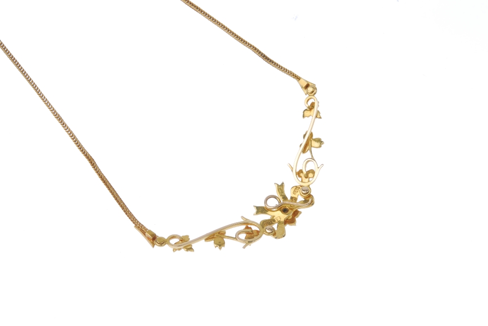 An early 20th century gold seed pearl floral necklace. Of openwork design, the seed and split - Image 2 of 6