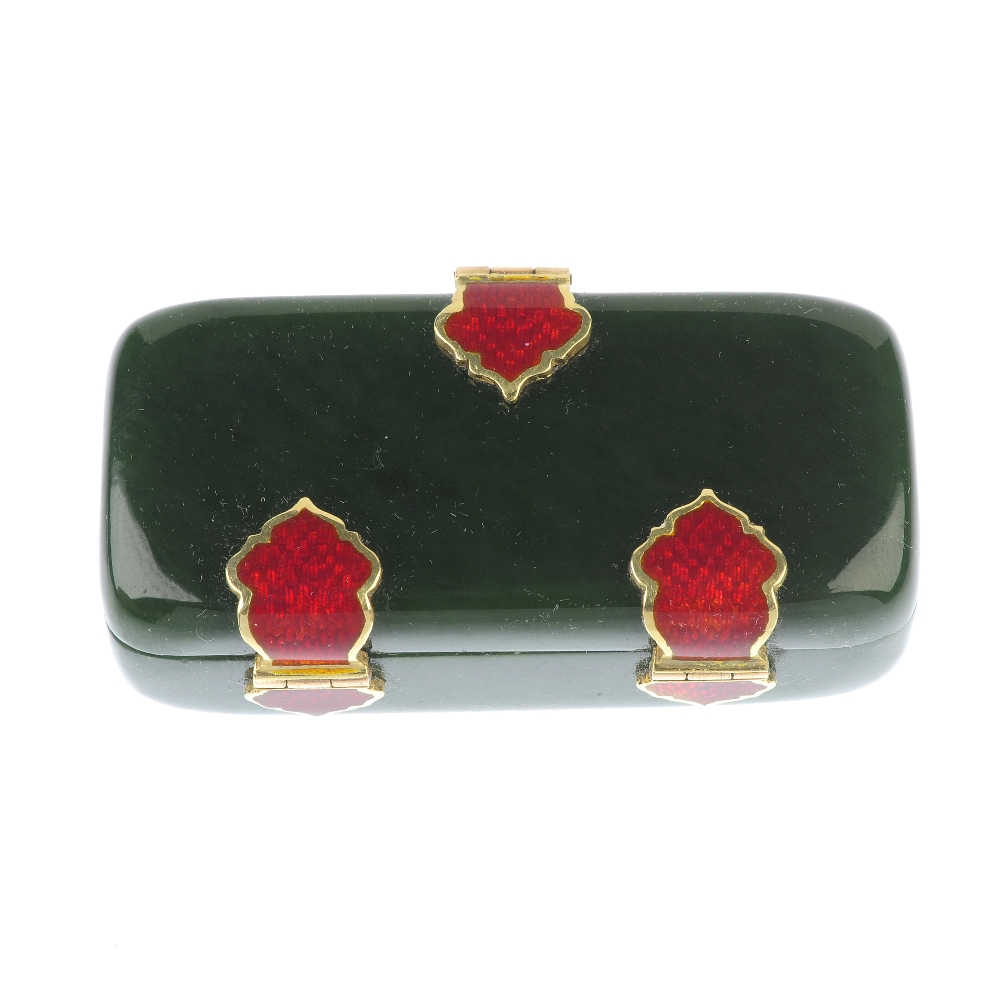 An early 20th century nephrite jade enamel and ruby box, circa 1905. Of rectangular-outline, the - Image 2 of 5