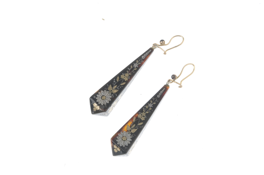 A pair of late 19th century pique tortoiseshell ear pendants. Each designed as a tapered foliate - Image 2 of 2