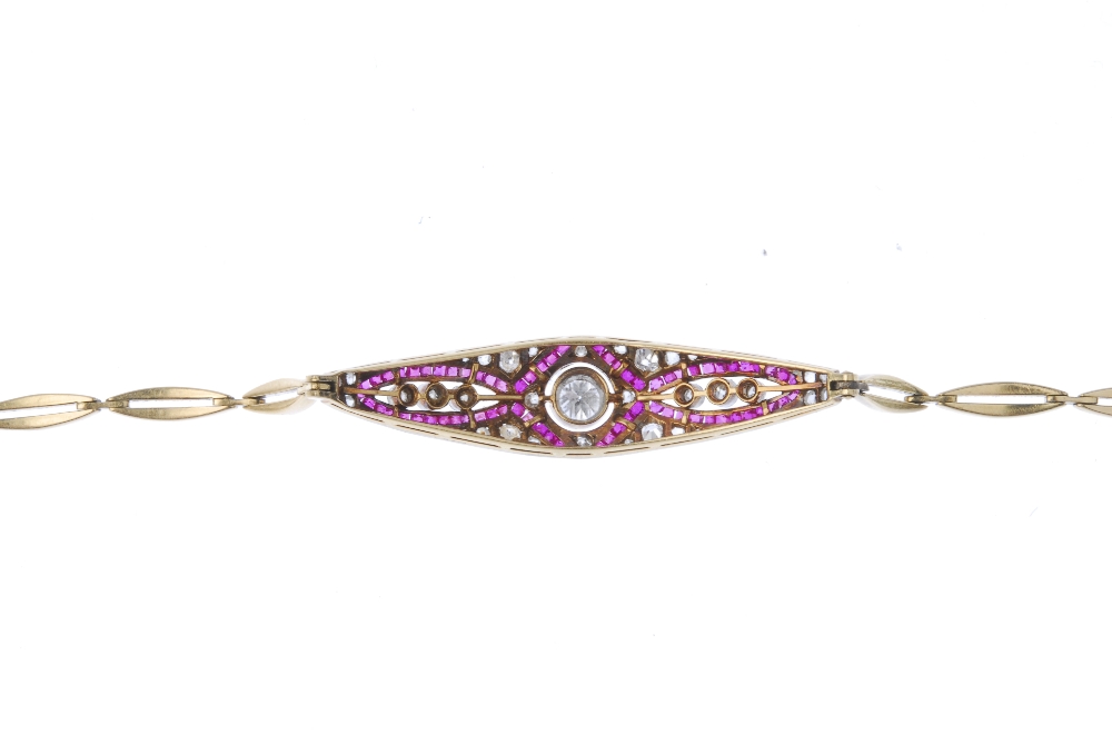 An early 20th century ruby and diamond bracelet. Of marquise-shape outline, the circular-cut diamond - Image 2 of 3