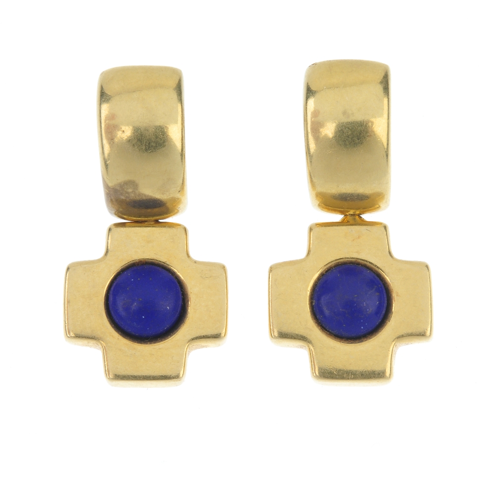 A pair of lapis lazuli ear pendants. Each designed as a cross-shape drop, set with a lapis lazuli