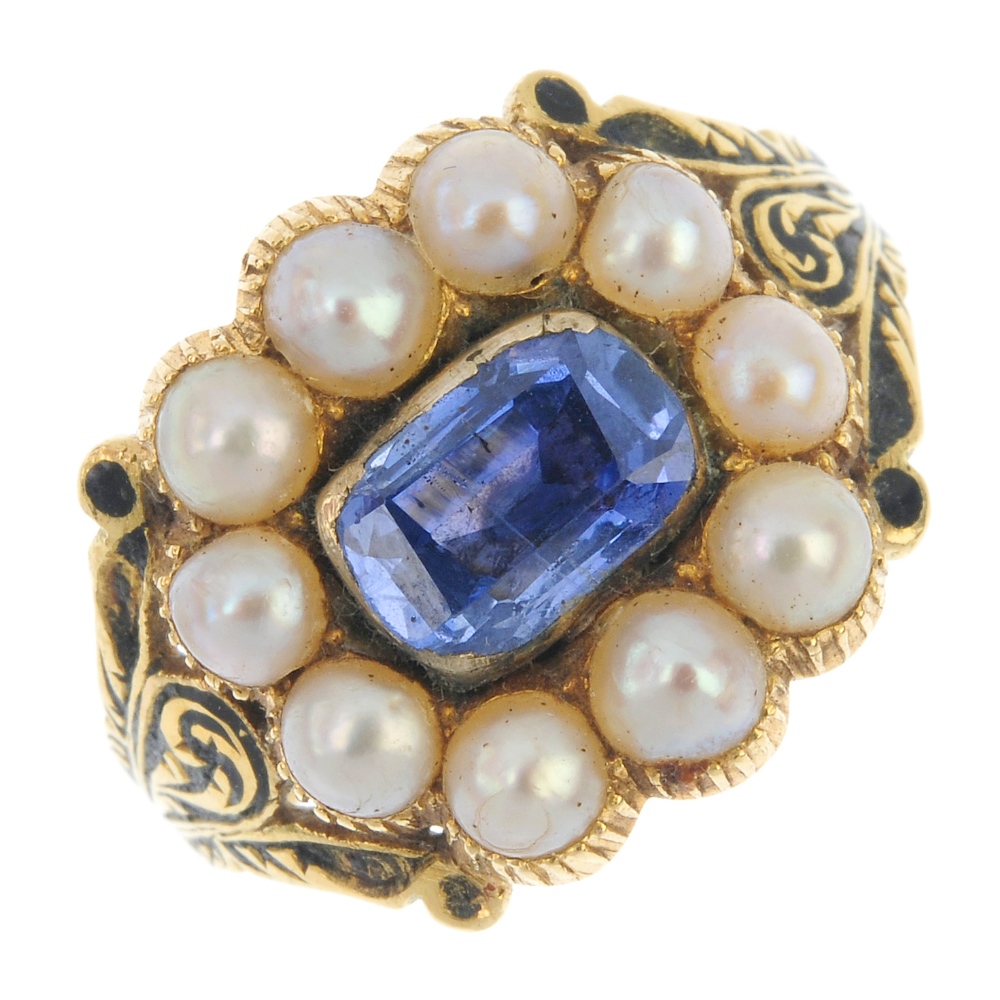 A George IV 18ct gold sapphire, split pearl and enamel ring. The foil-back sapphire and split