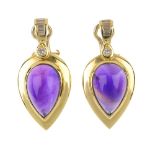 A set of amethyst and diamond jewellery. The pendant designed as a pear-shape amethyst cabochon,