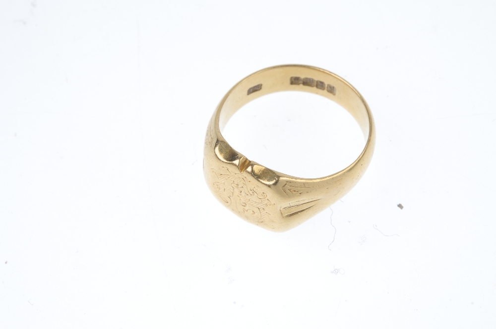 A late 19th century 18ct gold signet ring. The engraved initial monogram, to the tapered shoulders - Image 2 of 3