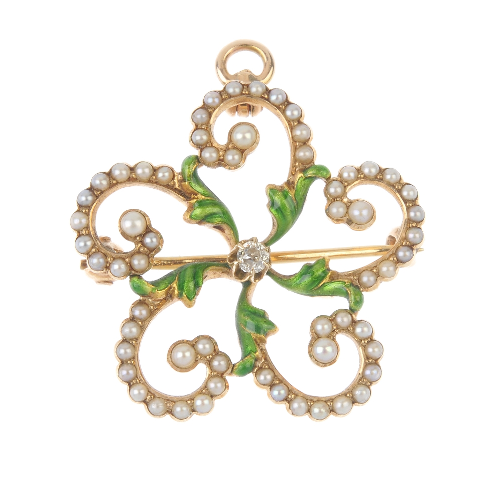 An enamel and split pearl pendant. The old-cut diamond, within a green enamel foliate surround, to