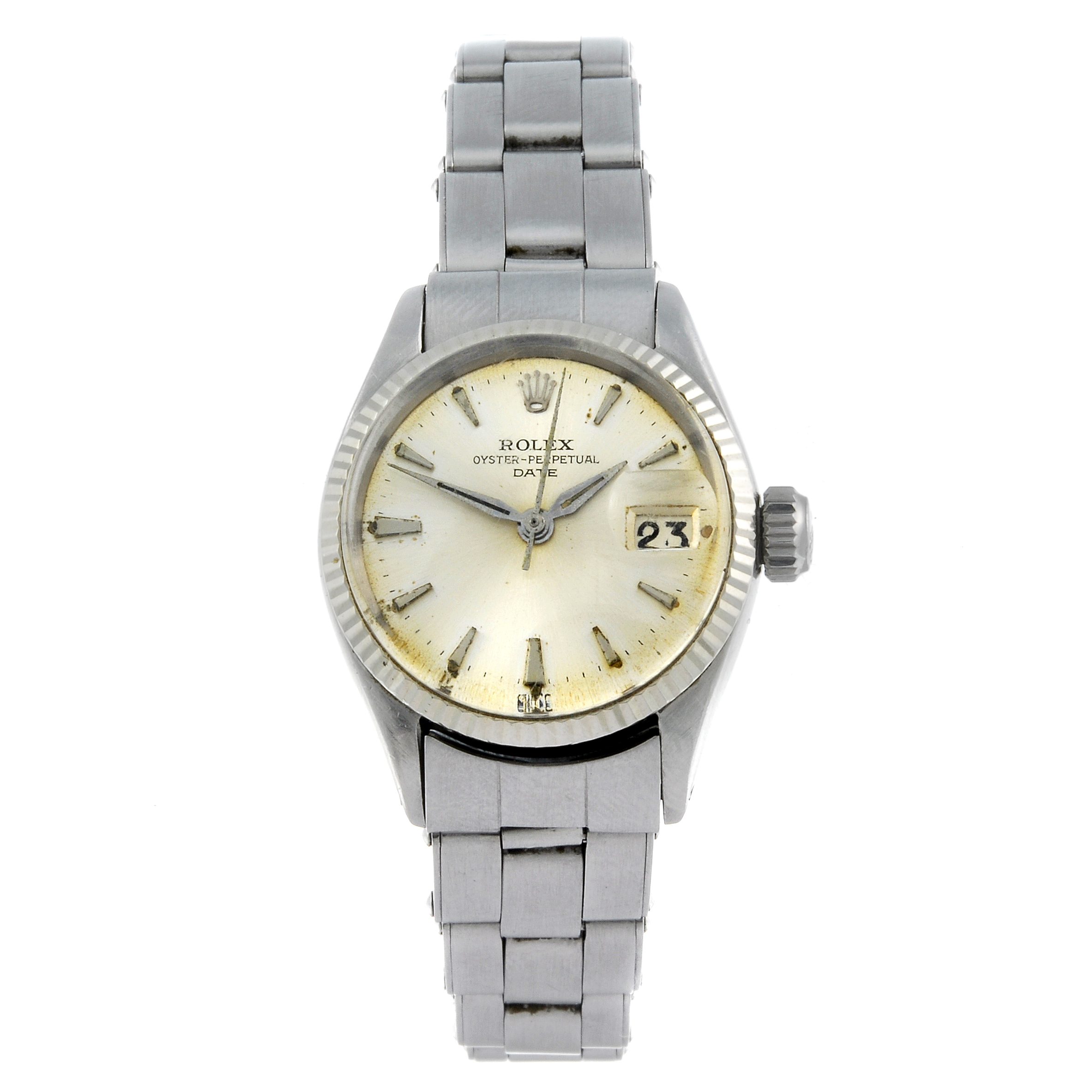 ROLEX - a lady's Oyster Perpetual Date bracelet watch. Circa 1963. Stainless steel case with white