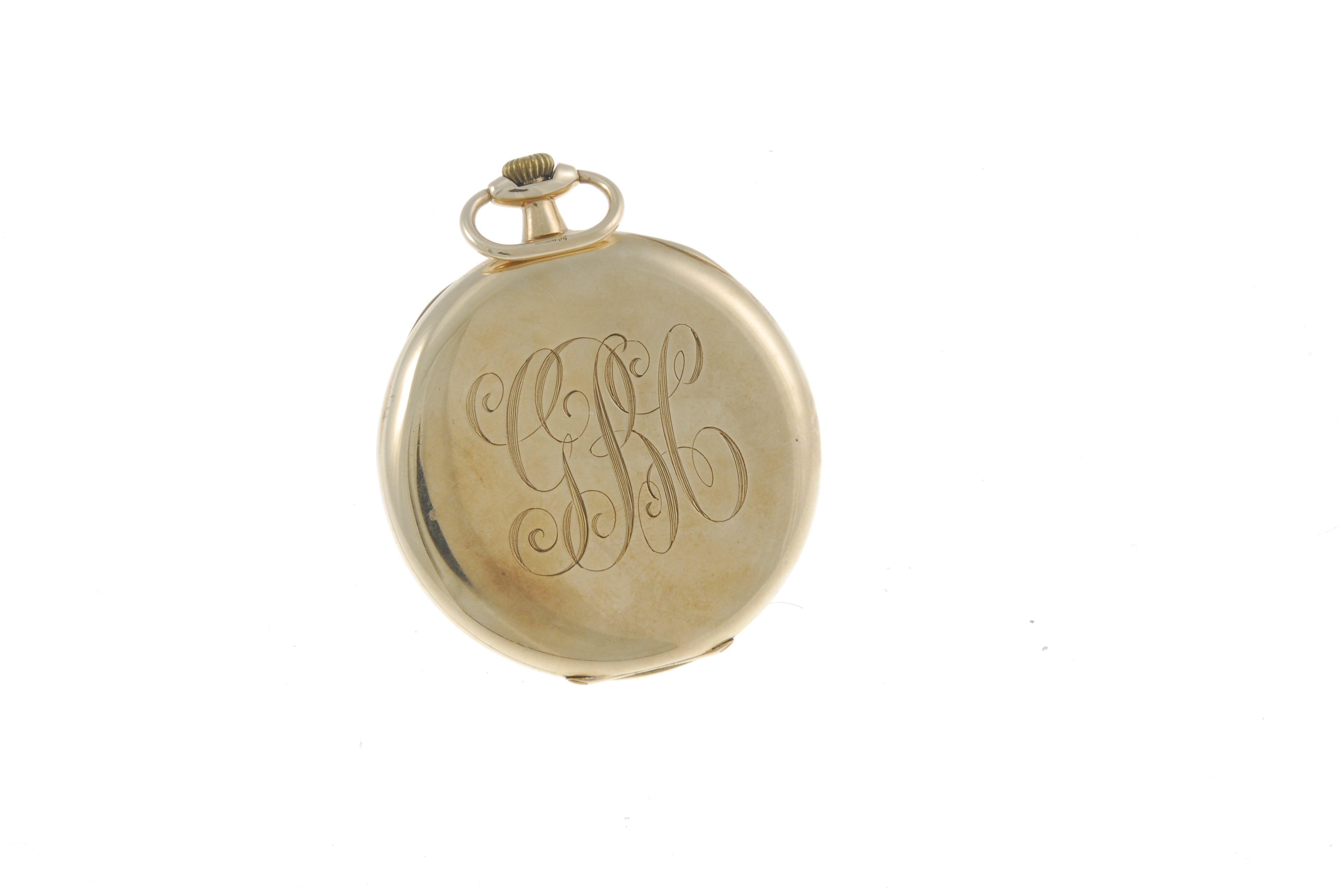 An open face pocket watch. 9ct yellow gold case with engraved monogram to the case back, import - Image 2 of 4
