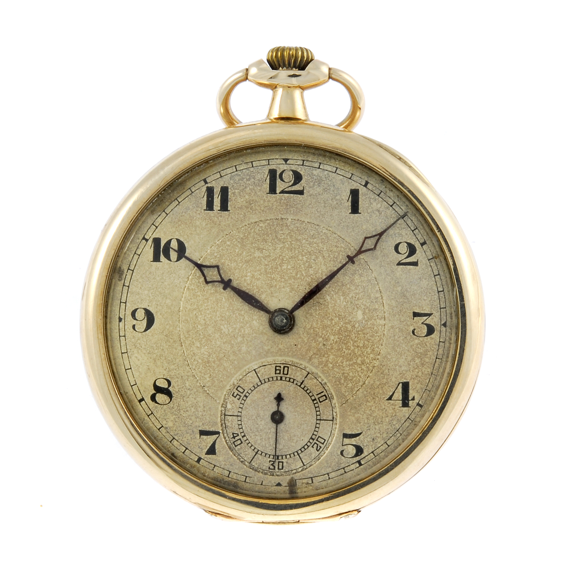 An open face pocket watch. 9ct yellow gold case with engraved monogram to the case back, import