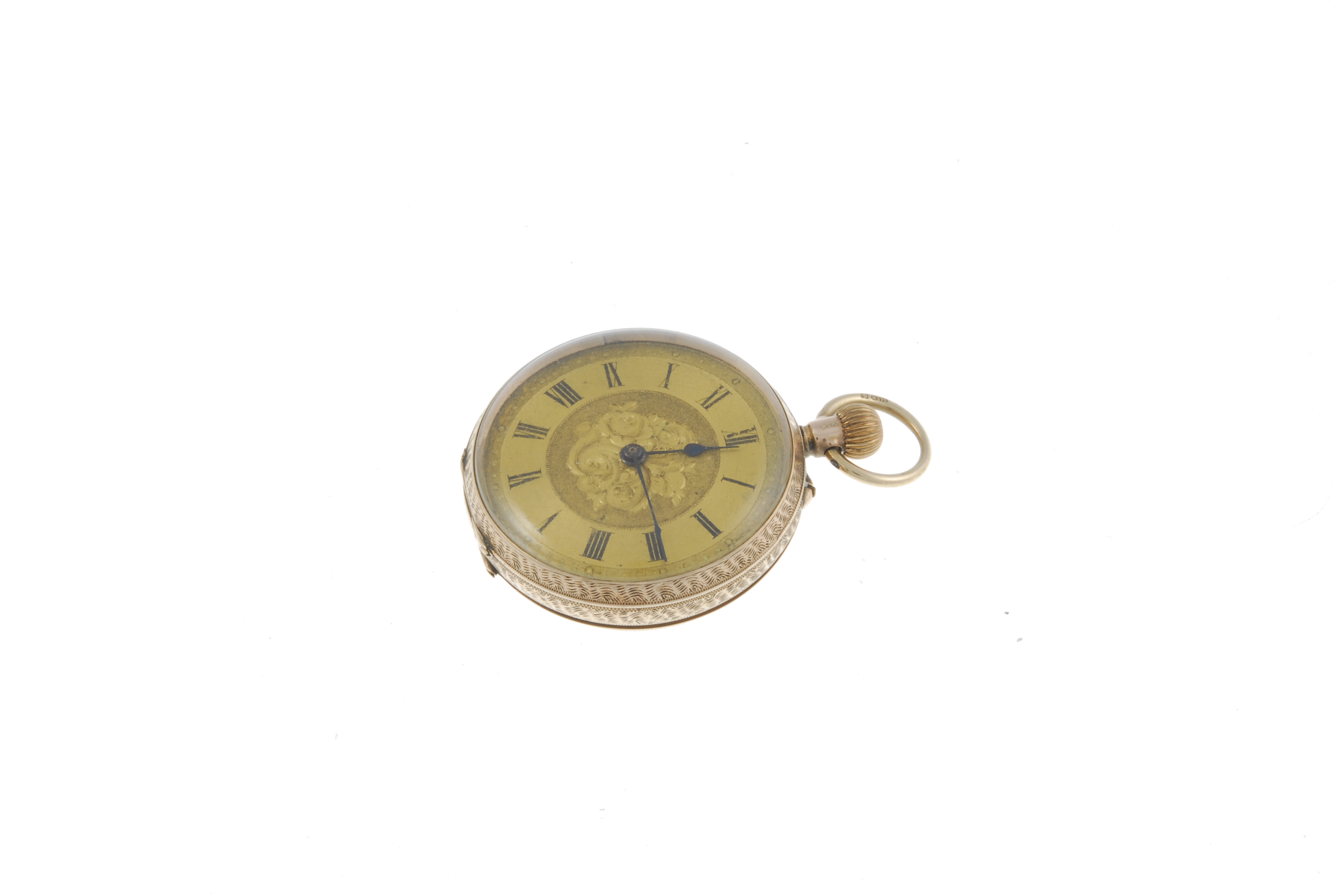 An open face pocket watch. 9ct yellow gold case with engraved monogram to the case back, import - Image 4 of 4
