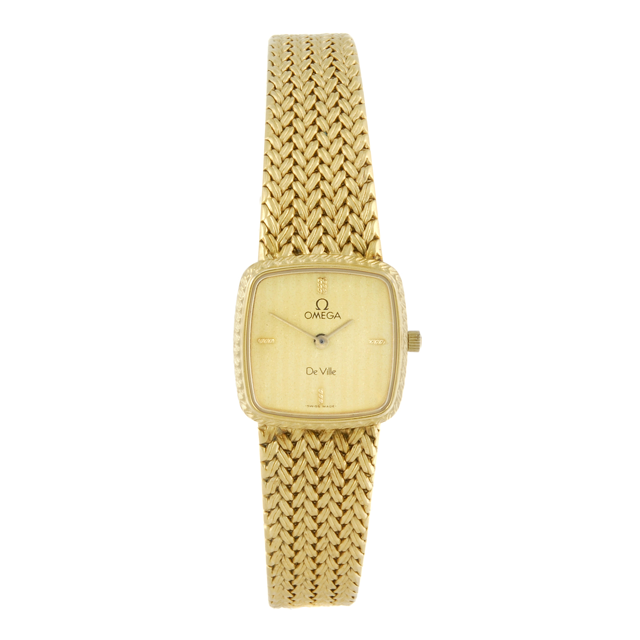 OMEGA - a lady's De Ville bracelet watch. Gold plated case with stainless steel case back.