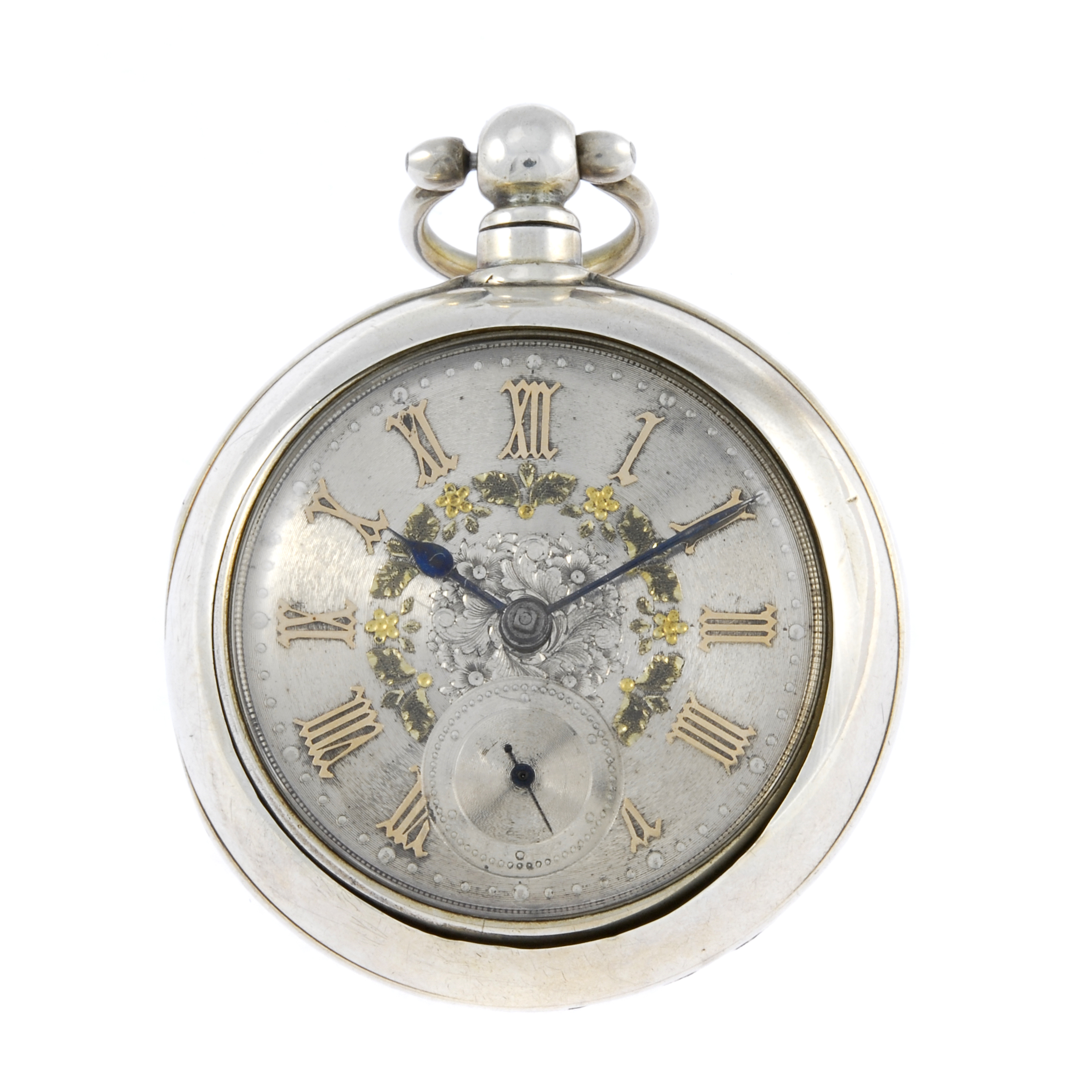 A pair case pocket watch. Silver cases, hallmarked Chester 1887. Unsigned key wind full plate